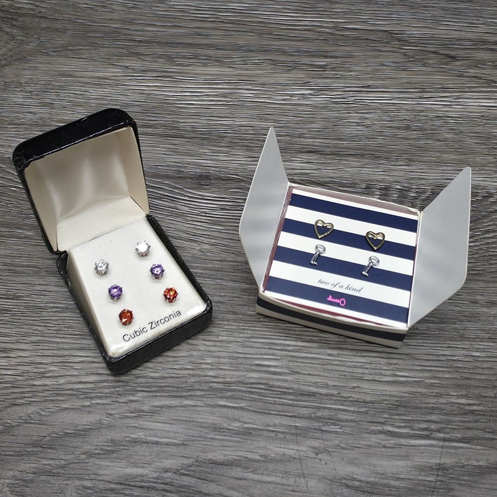 KEEP Collective Heart Key & Cubic Zirconia Stud Earrings Set 5 Pairs NIB